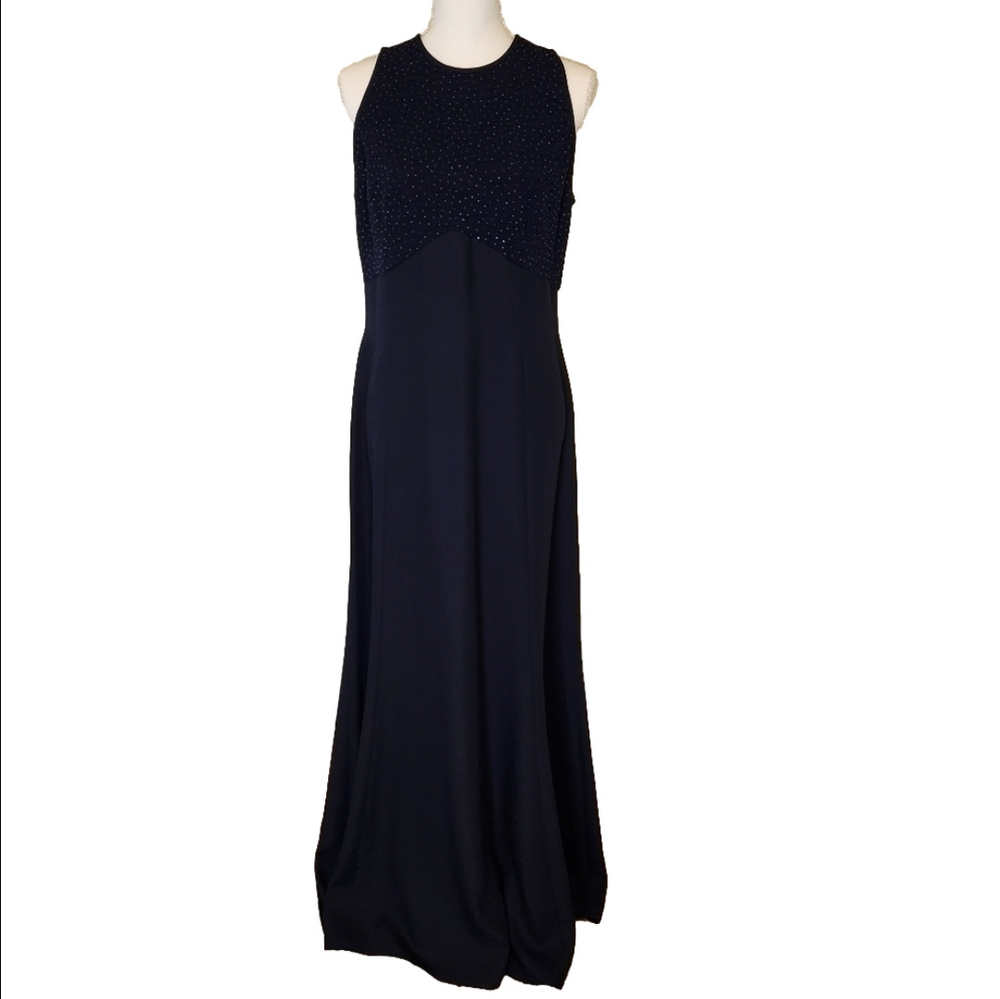 Vintage 90's Y2K Reggio Women's Navy Blue Sparkle Top Evening Gown, size 12